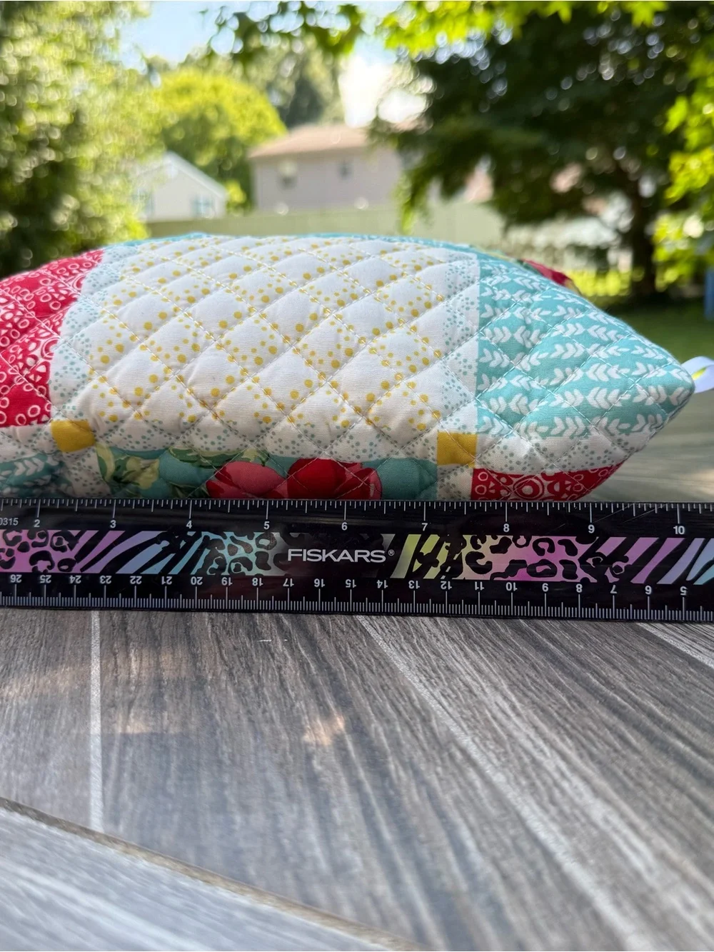 Hand Crafted Quilted Patchwork Zipper Pouch in Aqua, Red, Yellow Cosmetic Bag